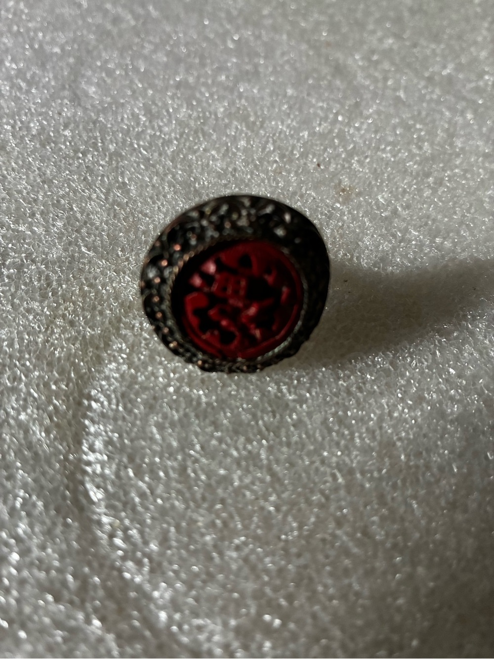Vintage Red cinnabar Carved Button Ring - Ornate Metal Frame